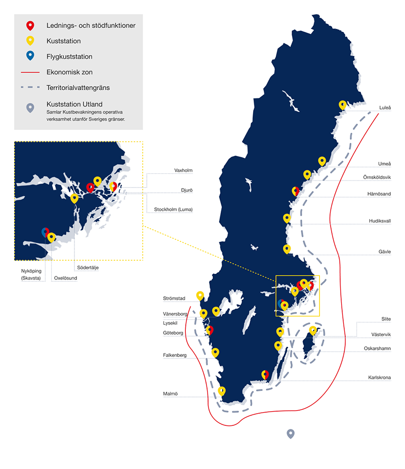 En karta över Sverige där det framgår var Kuststationerna är placerade. 